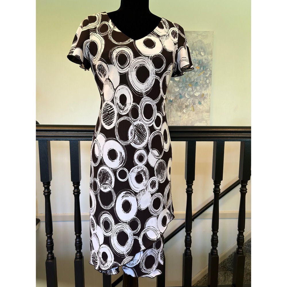 SL Fashions Womens Black‎ White Circle Print V-Neck Faux Wrap Dress Size 8 11892